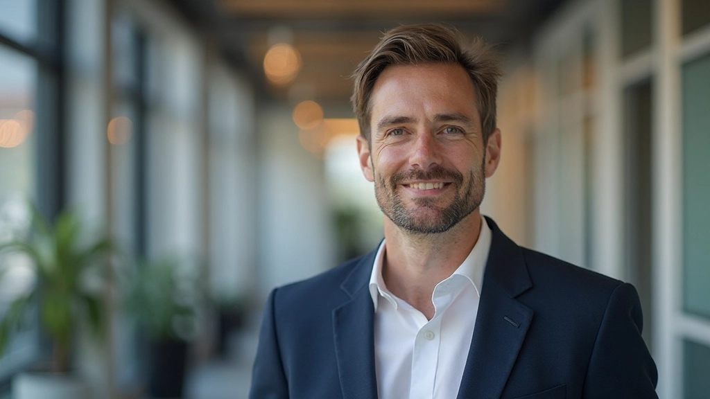 Professionele man uit Duitsland, vastberaden gezicht, kantoor omgeving