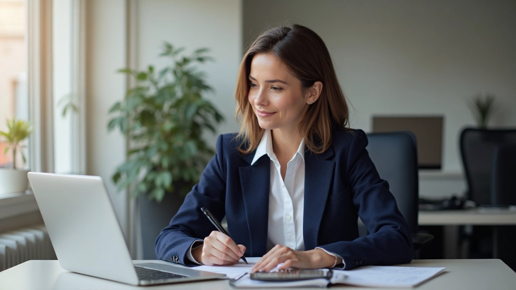 Professionele vrouw die Nederlandse taalmateriaal bestudeert met laptop en notitieboek op het bureau
